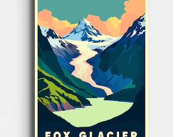 Fox Glacier New Zealand - Retro Travel Poster - Vintage Mid Century Style Art - NZ Wall Art, NZ travel Poster - Digital Download