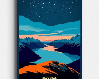 Wanaka Roys Peak New Zealand - Retro Travel Poster - Vintage Mid Century Style Art - Lake Wanaka, Queenstown NZ - Digital Download