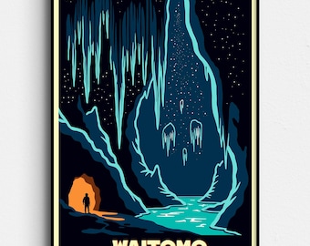 Waitomo Caves - Waikato New Zealand - Retro Travel Poster - Vintage Mid Century Style Art - Glow Worms - Digital Download