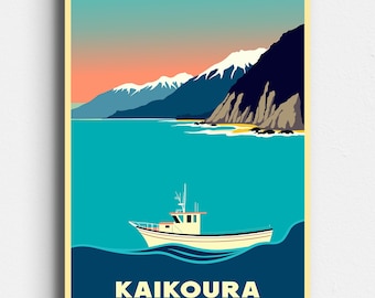Kaikoura New Zealand - NZ Crayfish Boat - Retro Travel Poster - Vintage Mid Century Style Art - Christchurch, Marlborough - Digital Download
