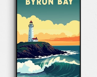 Byron Bay Retro Travel Poster- Vintage Australian Poster - Surf Poster Art - Tallow Beach, Cosy Corner, Byron Lighthouse Art