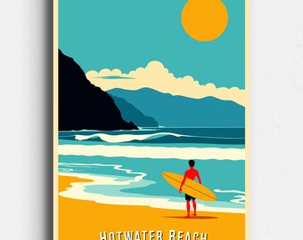 Hot Water Beach - Coromandel Retro Surf Poster - Vintage New Zealand Travel Print - NZ Wall Art Digital Download