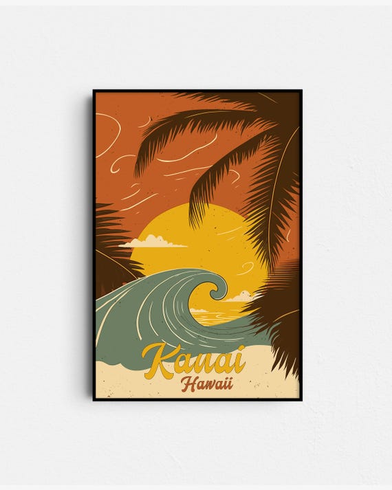 Kauai Hawaii Retro Travel Poster - Vintage Surf Art - Maui, Big Island Poster Digital Download