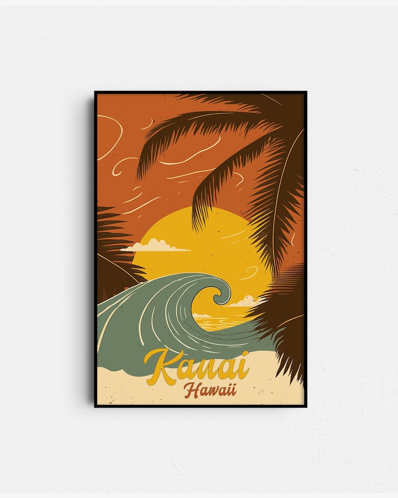 Kauai Hawaii Retro Travel Poster - Vintage Surf Art - Maui, Big Island Poster Digital Download image 1