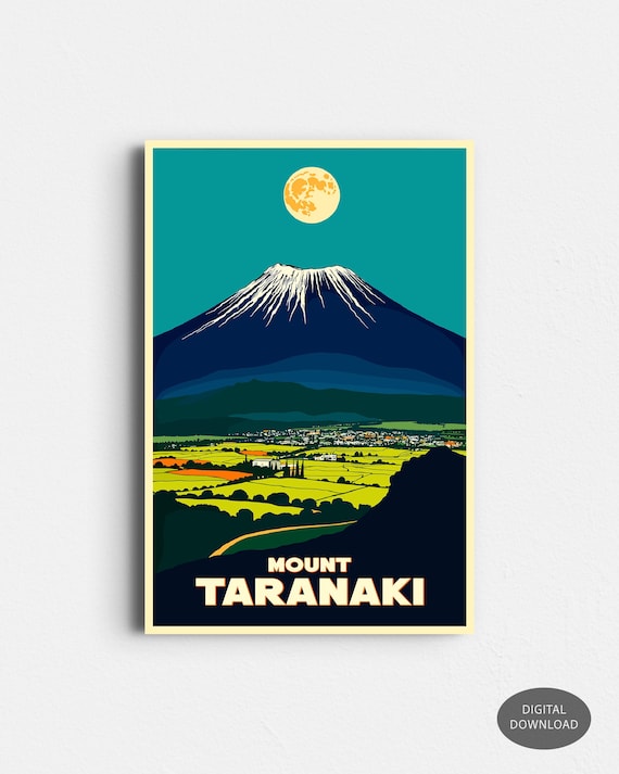 Mt. Egmont Taranaki ‘New Zealand’ poster Mount Taranaki New Zealand - Retro Travel Poster - Vintage Mid