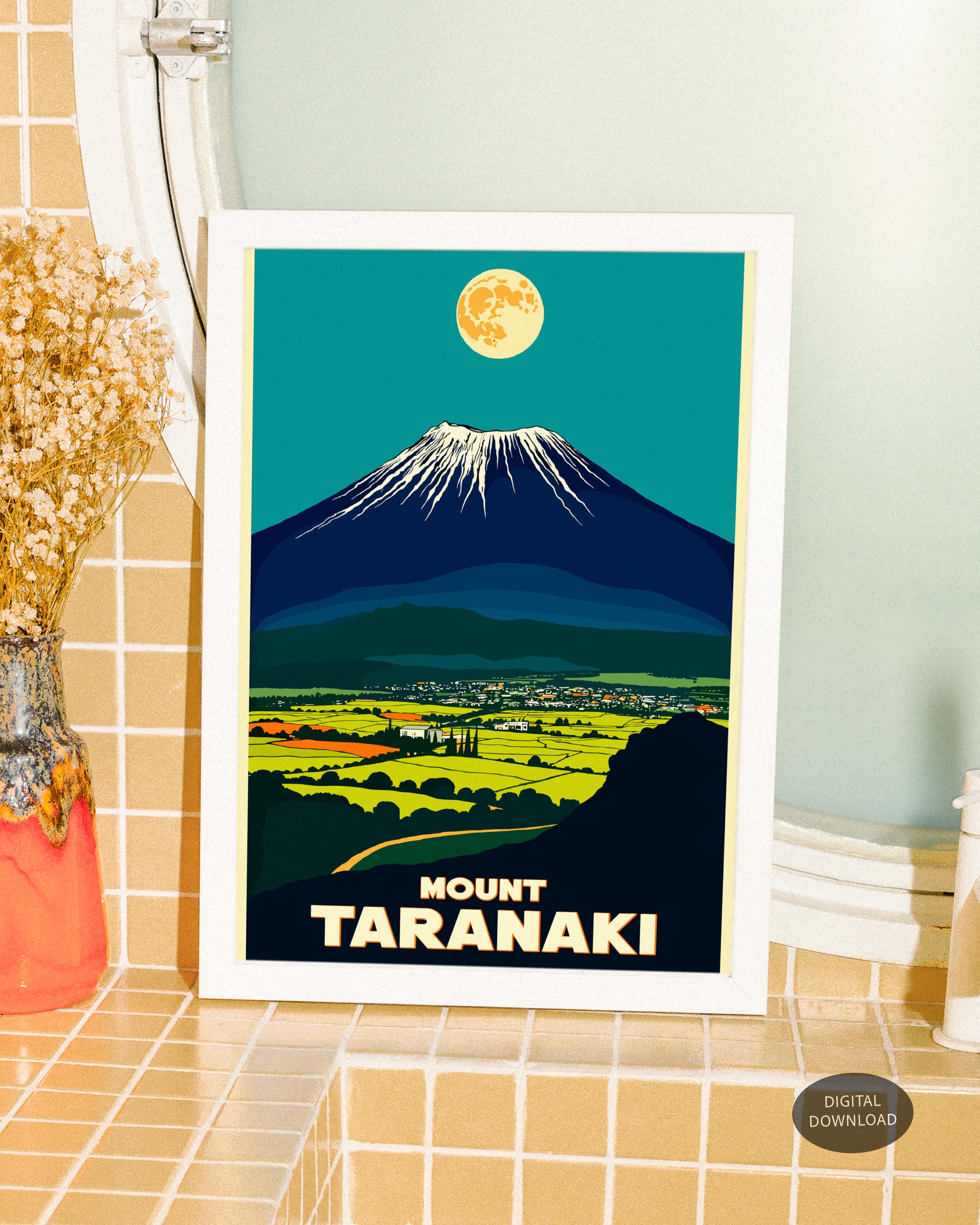 Mount Taranaki New Zealand - Retro Travel Poster - Vintage Mid