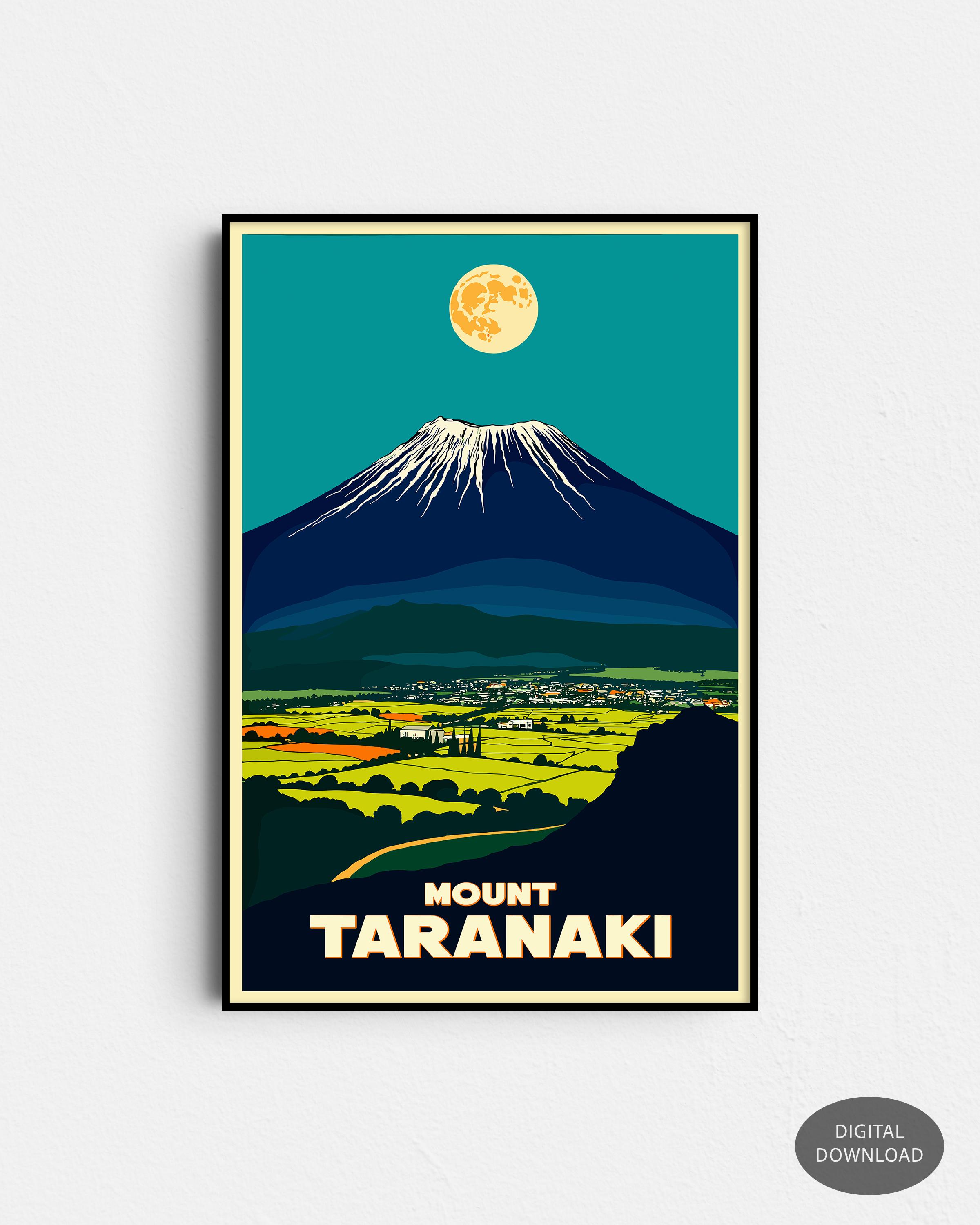 Mount Taranaki New Zealand - Retro Travel Poster - Vintage Mid