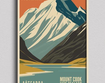 Plakat podróżniczy Aoraki Mount Cook z Nowej Zelandii w stylu vintage
