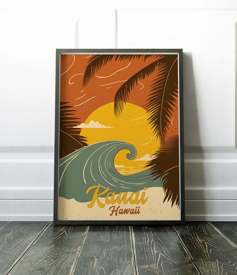 May include: A retro-style poster with a sunset over the ocean, palm trees, and a wave crashing. The text on the poster reads "Kauai Hawaii".