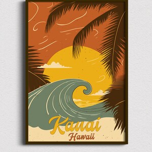 May include: A retro-style poster with a sunset scene featuring palm trees, a large wave, and the text "Kauai Hawaii".