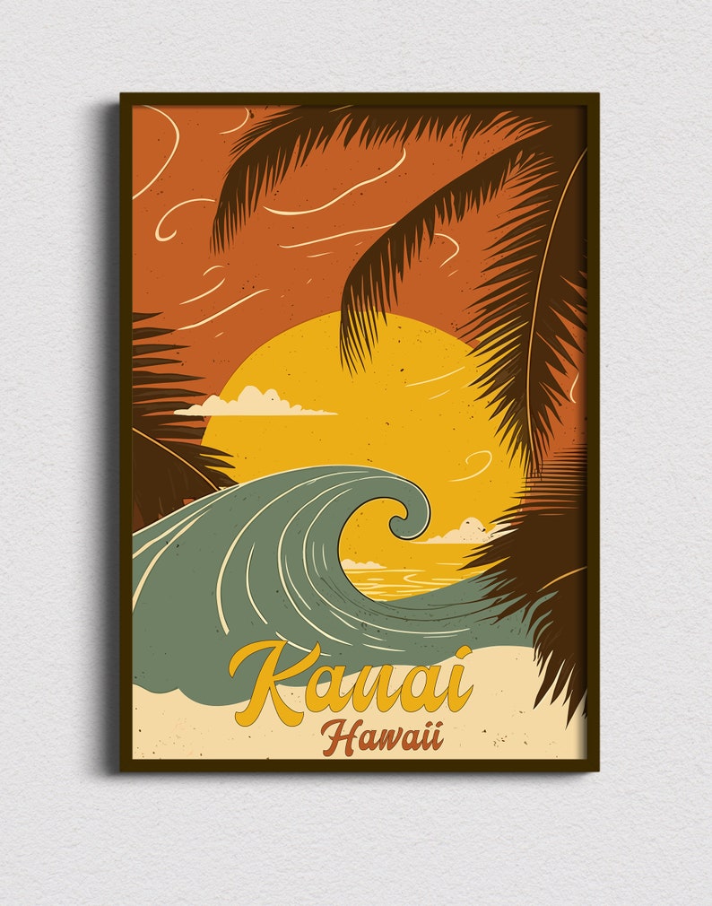 May include: A retro-style poster with a sunset scene featuring palm trees, a large wave, and the text "Kauai Hawaii".