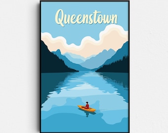 Queenstown Retro Travel Poster: Vintage New Zealand Lake & Mountain Print - Lake Wanaka, Lake Whakatipu - Digital Download