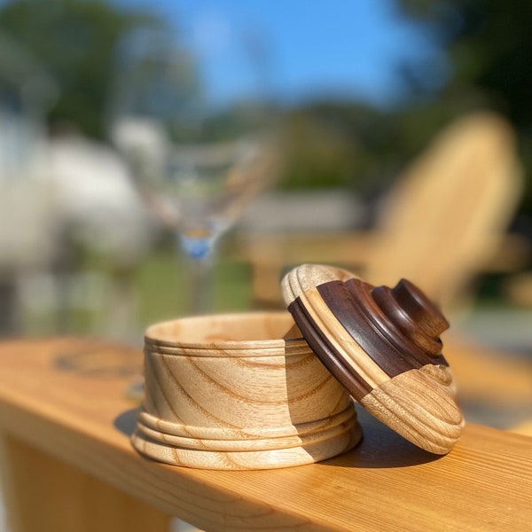 Jewelry/Keepsake Box - Turned on a wood lathe and handmade from Black Walnut, White Ash and rare California Pepperwood