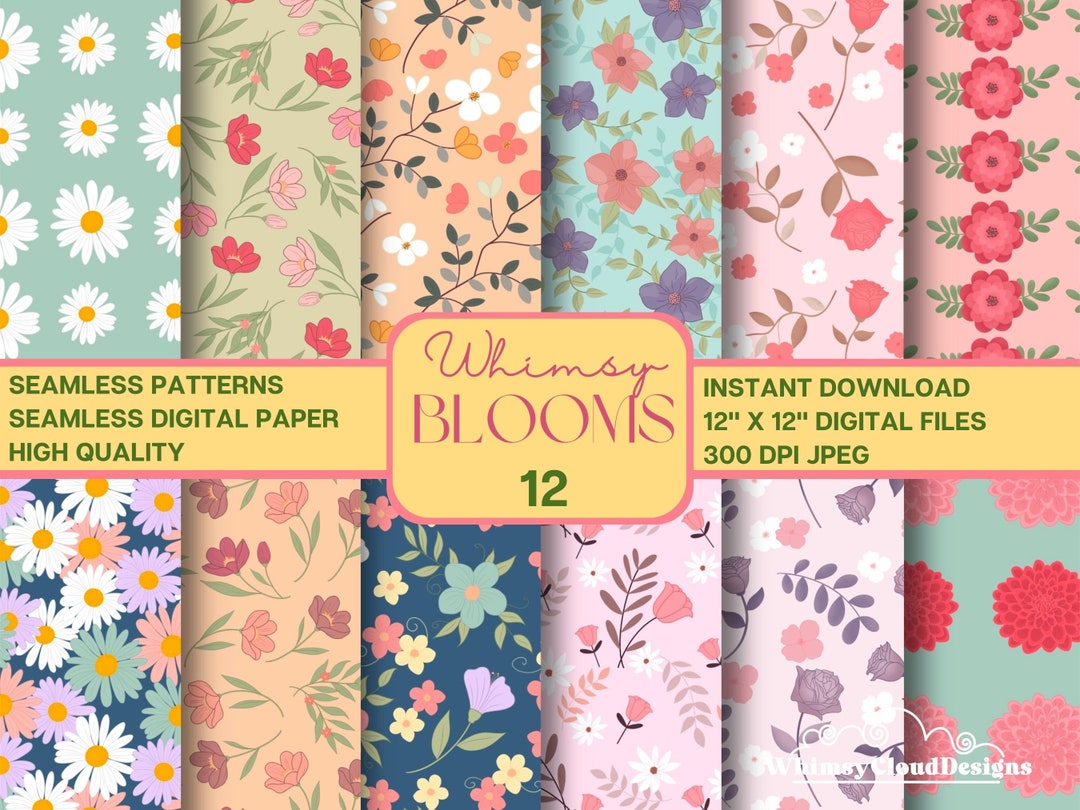 Floral Seamless Digital Paper Pack - Hand Drawn Floral - Flower Digital ...