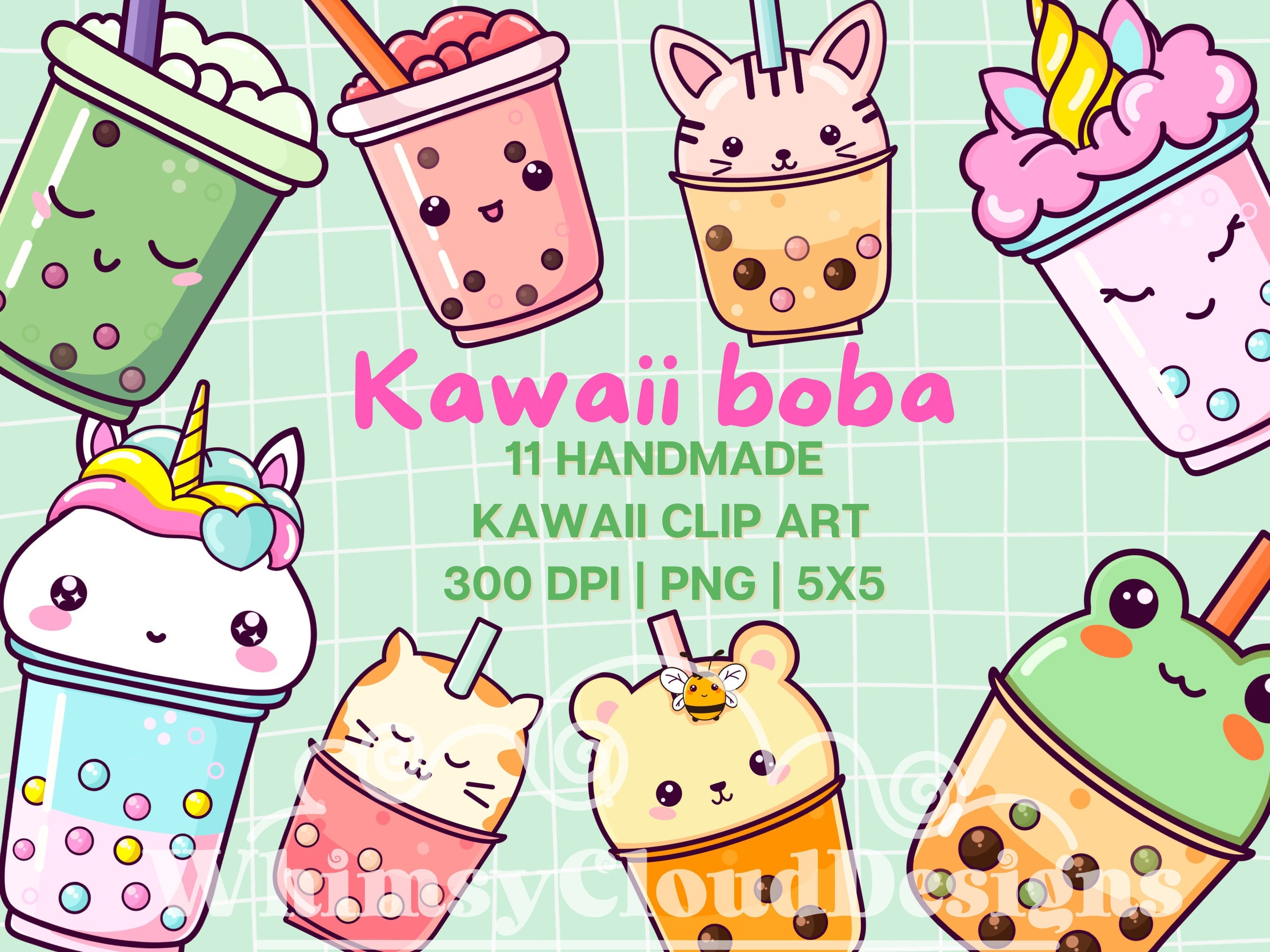 Kawaii Christmas Clipart II Reindeer Puppy Corgi Bubble Tea 