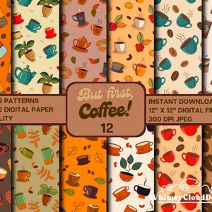 Fall Coffee Digital Paper Pack-Handdrawn Coffee Patterns-Repeating pattern-Autumn Coffee Lover-Instant Download-Digital Scrapbook