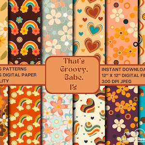 Groovy 70s Retro Digital Paper - Hand made-Seamless Repeating Patterns-Floral Pattern-Printable Paper-Commercial Use-Digital Scrapbook