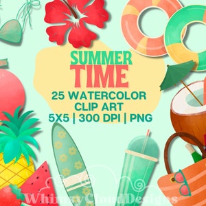 Summer Watercolor PNG Clipart Set-handmade-Vacation clipart-Ice cream PNG-Commercial Use-Instant Download-Digital Planner Stickers