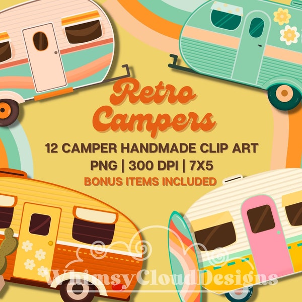 Retro Campers Clip Art -Camping PNG-handmade-Vintage-Trailer-Summer-Instant Download-Commercial Use-Digital Planner Stickers-PNG Clipart Set