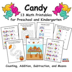 Halloween Mathe-Arbeitsblätter: Süßigkeit zählen, addieren, Labyrinthe (Printable Pack)