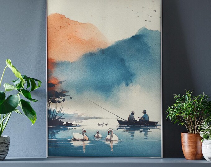 Swan Lake Watercolor Print – Serene Nature Wall Art, Fishermen Swans | Digital Download | A3 & 11x14" sizes