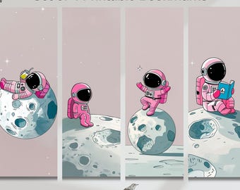 Printable Bookmark Set - Whimsical Astronaut on the Moon | Soft Pastel Illustrations | Set of 4 | Bookworm gift | Aesthetic bookmark