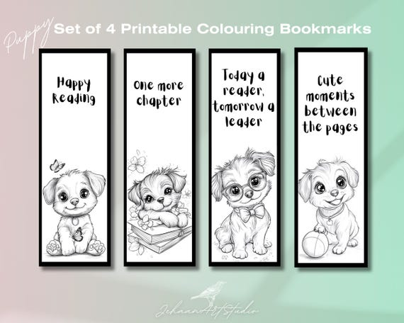 Printable Bookmark Set - Puppy Theme Coloring Collection | 2"x6" | Set of 4 | Bookworm gift | pdf png | Art craft | Aesthetic bookmark