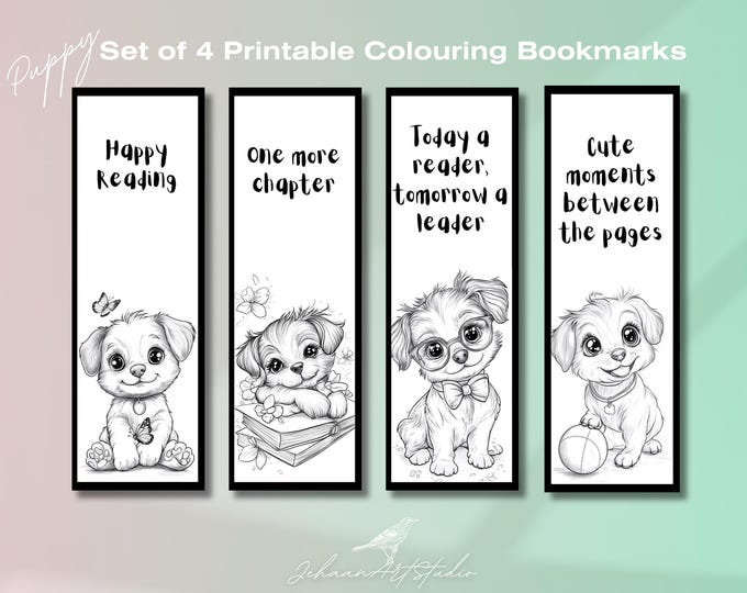 Printable Bookmark Set - Puppy Theme Coloring Collection | 2"x6" | Set of 4 | Bookworm gift | pdf png | Art craft | Aesthetic bookmark