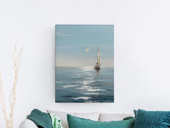 Sailboat Ocean Wall Art – Calm Sea Digital, PNG Print, Coastal Nautical Decor, A3 & 11x14 Download