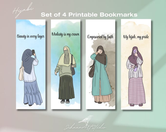 Printable Hijabi Quote Bookmark Set of 4 | Digital Download | Modesty Quotes | Bookworm gift | Aesthetic bookmark | Muslimah bookmark