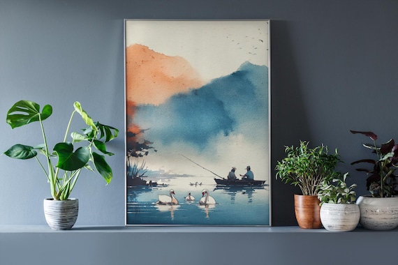 Swan Lake Watercolor Print – Serene Nature Wall Art, Fishermen Swans | Digital Download | A3 & 11x14" sizes