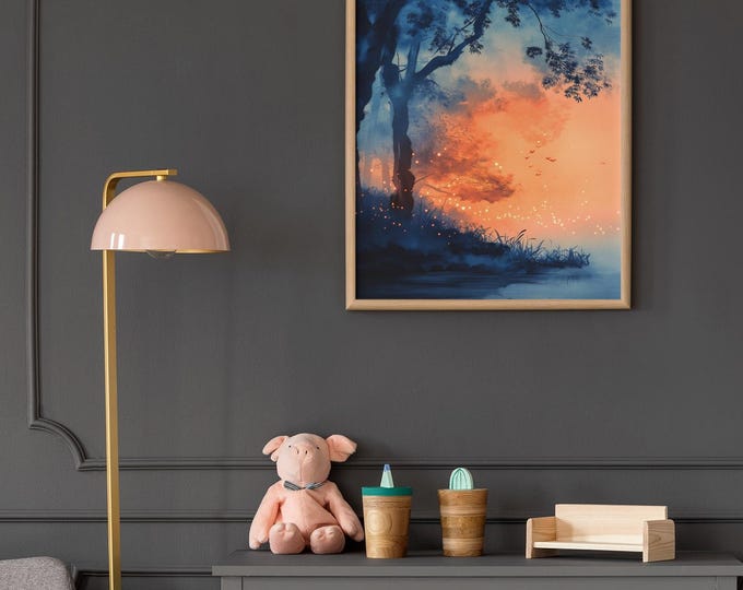 Firefly Forest Wall Art – Digital Sunset PNG Print, Magical Japan Landscape, A3 & 11x14 Instant Download