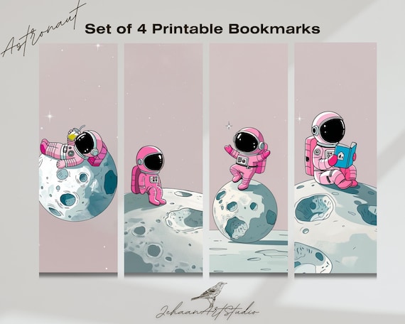 Printable Bookmark Set - Whimsical Astronaut on the Moon | Soft Pastel Illustrations | Set of 4 | Bookworm gift | Aesthetic bookmark