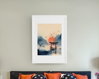 Torii Gate Wall Art – Japanese Sunrise Digital Print, PNG Zen Artwork, 11x14" & A3 Instant Download