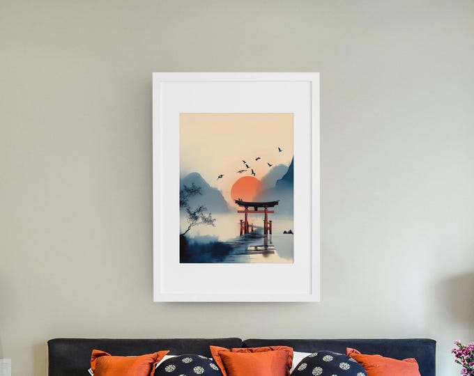 Torii Gate Wall Art – Japanese Sunrise Digital Print, PNG Zen Artwork, 11x14" & A3 Instant Download