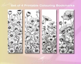 Flower Coloring Bookmarks: Set of 4 Printable Floral Designs (PDF & PNG)