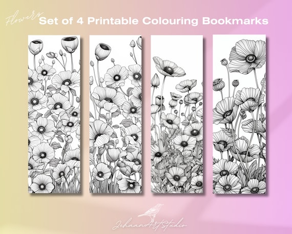 Printable Bookmark Set - Flower Theme Coloring Collection | 2"x6" | Set of 4 | Bookworm gift | pdf png | Art craft | Aesthetic bookmark