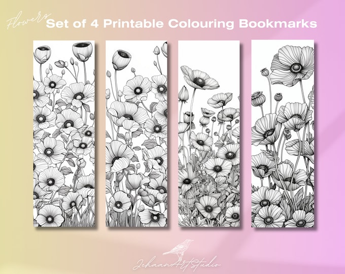 Printable Bookmark Set - Flower Theme Coloring Collection | 2"x6" | Set of 4 | Bookworm gift | pdf png | Art craft | Aesthetic bookmark