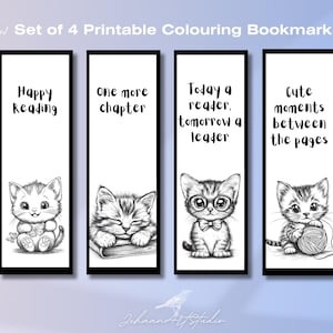 May include: Set of four printable coloring bookmarks featuring cute kitten illustrations. Each bookmark has a different inspirational quote: "Happy Reading", "One More Chapter", "Today a Reader, Tomorrow a Leader", and "Cute Moments Between the Pages".