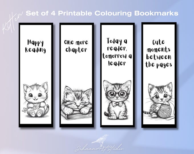 Printable Bookmark Set - Kitten Theme Coloring Collection | 2"x6" | Set of 4 | Bookworm gift | pdf png | Art craft | Aesthetic bookmark