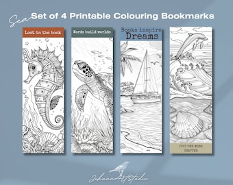 Printable Bookmark Set - Sea Theme Coloring Collection | 2"x6" | Set of 4 | Bookworm gift | pdf png | Bookmark quotes | Aesthetic bookmark