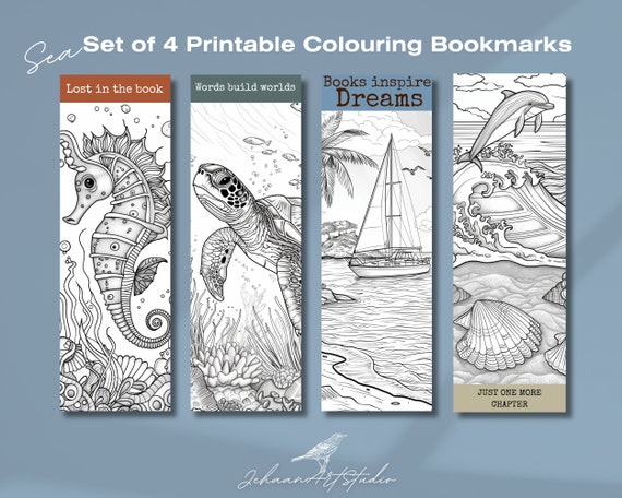 Printable Bookmark Set - Sea Theme Coloring Collection | 2"x6" | Set of 4 | Bookworm gift | pdf png | Bookmark quotes | Aesthetic bookmark