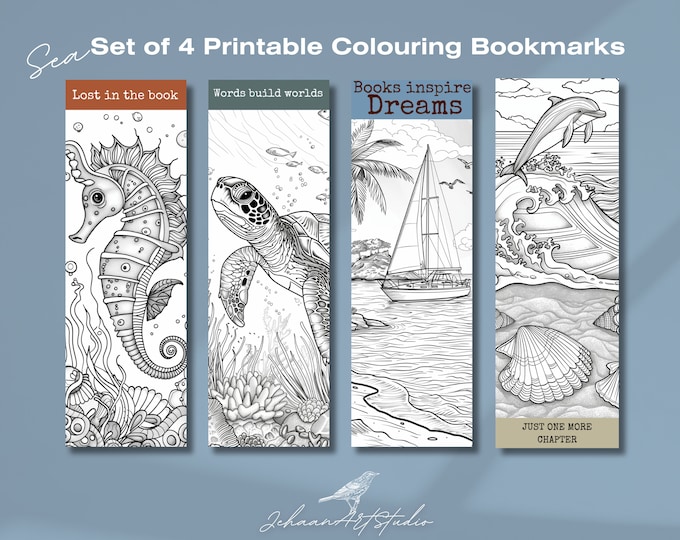 Printable Bookmark Set - Sea Theme Coloring Collection | 2"x6" | Set of 4 | Bookworm gift | pdf png | Bookmark quotes | Aesthetic bookmark