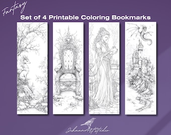 Printable Bookmark Set - Fantasy Theme Coloring Collection | 2"x6" | Set of 4 | Bookworm gift | pdf png | Art craft | Aesthetic bookmark