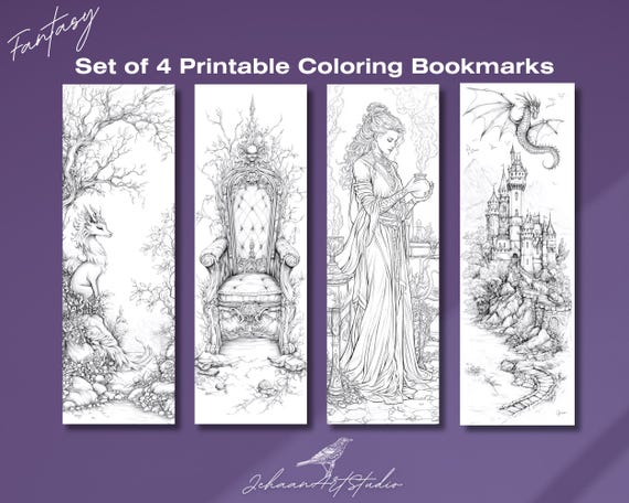Printable Bookmark Set - Fantasy Theme Coloring Collection | 2"x6" | Set of 4 | Bookworm gift | pdf png | Art craft | Aesthetic bookmark
