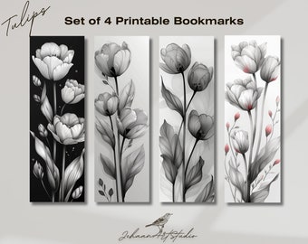 Black and White Tulip Bookmarks: Elegant Floral Design (PDF & PNG)