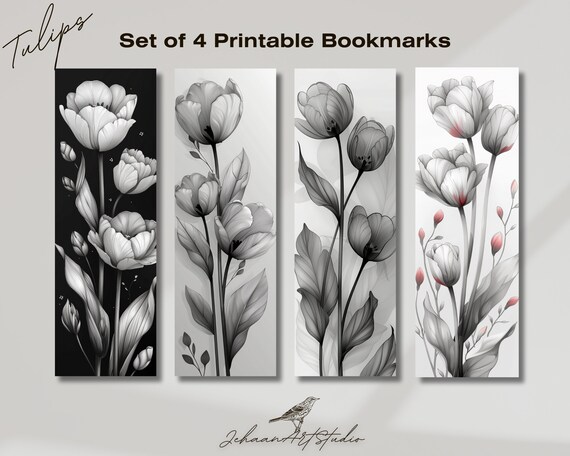 Set of 4 Printable Bookmarks - Black and White Tulips | 2"x6" | Bookworm gift | pdf png | Aesthetic bookmark | Elegant bookmark