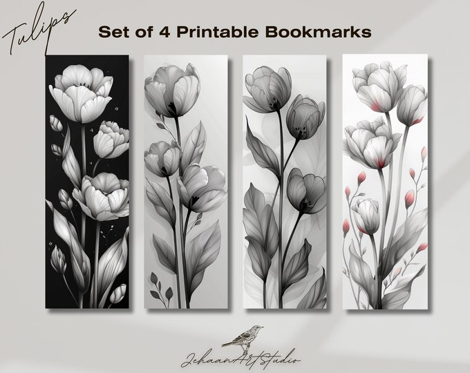 Set of 4 Printable Bookmarks - Black and White Tulips | 2"x6" | Bookworm gift | pdf png | Aesthetic bookmark | Elegant bookmark