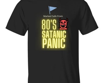 Gemarkeerd veilig uit de jaren 1980 Satanic Panic zwart T-shirt voor heavy metal fans en jaren 80 nostalgie