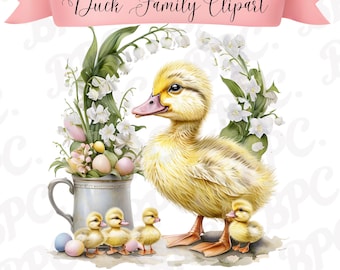 Akvarell anka familj clipart, Cottagecore barnrumskonst, påsk bondgårdsdjur (digital nedladdning)